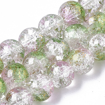 Transparent Spray Painted Crackle Glass Bead Strands, with Golden Foil, Round, Spring Green, 10~11mm, Hole: 1.4~1.6mm, about 39~42pcs/Strand, 14.84 inch~15.27 inch(37.7~38.8cm)