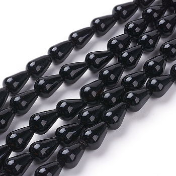 Grade A Natural Black Agate Beads Strands, Dyed & Heated, Drop, 12x8mm, Hole: 1mm, about 33pcs/strand, 15.3 inch(39cm)
