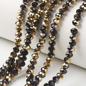 Electroplate Opaque Glass Beads Strands, Half Golden Plated, Faceted, Rondelle, Black, 2x1.5mm, Hole: 0.4mm, about 195pcs/strand, 11 inch(28cm)