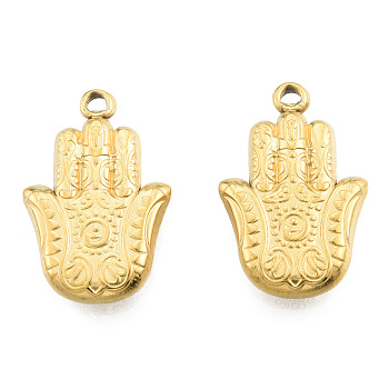 Ion Plating(IP) 201 Stainless Steel Pendants, Hamsa Hand/Hand of Miriam, Real 18K Gold Plated, 23.5x15.5x3.5mm, Hole: 1.4mm