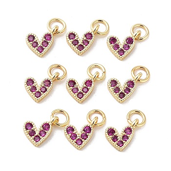 Brass Micro Pave Cubic Zirconia Charms, Long-Lasting Plated, Lead Free & Nickel Free & Cadmium Free, Heart, Hot Pink, Real 18K Gold Plated, 9.5x6.5x2mm, Hole: 1mm.