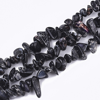 Natural Imperial Jasper Beads Strands, Dyed, Chips, Black, 4~18x4~15x1~10mm, Hole: 1mm, about 88~100pcs/strand, 15.3 inch~15.7 inch