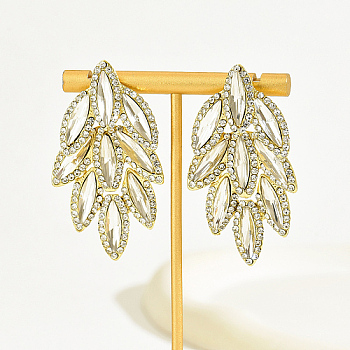 Real 18K Gold Plated Stainless Steel Stud Earrings, Glass Rhinestone Leaf Earrings for Women, Clear, 55x30mm