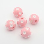 Chunky Bubblegum Acrylic Beads, Round with Polka Dot Pattern, Pearl Pink, 20x19mm, Hole: 2.5mm, Fit for 5mm Rhinestone(SACR-S146-20mm-10)
