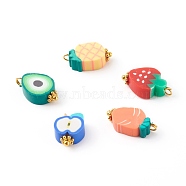 Polymer Clay Pendants, with Brass Findings, Fruit, Golden, Mixed Color, 12~17x8~10x4.5~5mm, Hole: 1.8mm(PALLOY-JF00684)