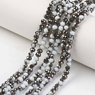 Electroplate Opaque Glass Beads Strands, Half Black Plated, Faceted, Rondelle, White, 6x5mm, Hole: 1mm, about 85~88pcs/strand, 16.1~16.5 inch(41~42cm)(EGLA-A034-P6mm-P09)