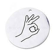 304 Stainless Steel Pendants, ASL Pendants, Flat Round with Gesture Language, Stainless Steel Color, OK Gesture, 25x2mm, Hole: 2mm(FIND-CJC0003-06A)