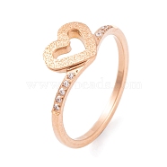 304 Stainless Steel Heart Finger Ring for Women, with Clear Cubic Zirconia, Rose Gold, US Size 6~9(16.5~18.9mm)(RJEW-C086-06-RG)