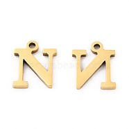 201 Stainless Steel Charms, Alphabet, Letter.N, 8.5x7.5x1mm, Hole: 1mm(STAS-N091-176N-LG)