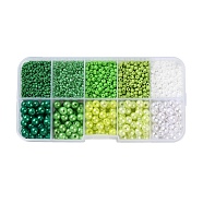 DIY 10 Grids ABS Plastic & Glass Seed Beads Jewelry Making Finding Beads Kits, Round & Rondelle, Green, 2~6x1.5~5.5mm, Hole: 0.8~1.6mm(DIY-G119-01G)