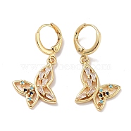 Real 18K Gold Plated Brass Dangle Leverback Earrings, with Cubic Zirconia, Butterfly, Colorful, 35x17.5mm(EJEW-L269-032G)