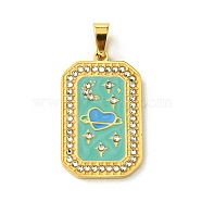 Ion Plating(IP) 304 Stainless Steel Pendants, with Enamel and Rhinestone, Rectangle with Tarot Charm, Real 18K Gold Plated, Turquoise, 32x19.5x2mm, Hole: 6.5x4mm(STAS-C101-08G-12)