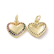 Brass Micro Pave Colorful Cubic Zirconia Charms, with Jump Ring, Heart, Real 18K Gold Plated, 12x12x2.5mm, Hole: 3.2mm(KK-E068-VF133)