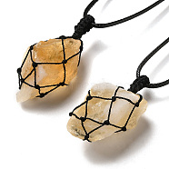 Irregular Nuggets Natural Citrine Pendant Necklace, Wax Rope Macrame Pouch Adjustable Necklace for Women, 32.28 inch(82cm)(G-H286-02D)