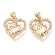 Brass Micro Pave Cubic Zirconia Pendants, Heart, Clear, Real 18K Gold Plated, 19.5x18x3mm, Hole: 3.5x5mm(ZIRC-F116-13-G)