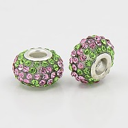 Resin Rhinestone European Beads, Grade A, with Brass Double Cores, Silver Color Plated, Rondelle, Peridot, 15x9mm, Hole: 5mm(GPDL-C004-02S)