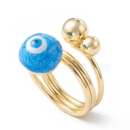 Enamel Round with Evil Eye Finger Rings, Real 18K Gold Plated Brass Wrap Style Ring for Women, Deep Sky Blue, 5.5~19.5mm, Inner Diameter: 18mm(RJEW-A014-01G-04)