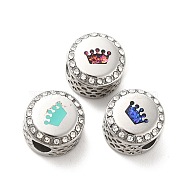 304 Stainless Steel European Beads, with Enamel & Rhinestone, Large Hole Beads, Stainless Steel Color, Flat Round with Crown, Mixed Color, 12x8mm, Hole: 4mm(STAS-D180-11P)