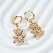 Cute Cartoon Bear Brass Hoop Earrings, with Rhinestone, Golden, 33x13mm(RU9972-3)