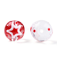 Transparent Handmade Lampwork Beads, Round with Star Pattern, Red, 13x12x11mm, Hole: 1.2~1.5mm(LAMP-T011-21A)