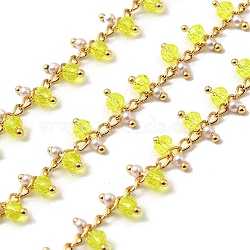 Handmade Brass Link Chain, with Glass Beads and ABS Beads, Soldered, with Spool, Real 18K Gold Plated, Yellow, 3x2x0.2mm and 7x3mm, about 16.40 Feet(5m)/Roll(CHC-E028-06G-03)