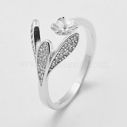Adjustable 925 Sterling Silver Cuff Rings, Open Rings Components, For Half Drilled Beads, with Cubic Zirconia, Flower and Leaf, Size 6, Platinum, Tray: 5mm, 16mm, pin: 0.6mm(STER-K038-017P)