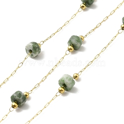 Ion Plating(IP) 316 Surgical Stainless Steel Paperclip Chains, with Natural Green Spot Jasper Column Beads, Soldered, Real 18K Gold Plated, with Spool, Link: 2.5x1x0.3mm(CHS-I019-12G)