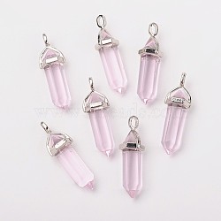 Bullet Glass Pointed Pendants, with Alloy Findings, Platinum, Pink, 40x12mm, Hole: 3x4mm(G-F295-02G)