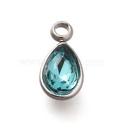 304 Stainless Steel Pendants, with Rhinestone, Stainless Steel Color, Teardrop, Aquamarine, 10.5x5.5x0.5mm, Hole: 1.8mm(STAS-Q346-04P-02)