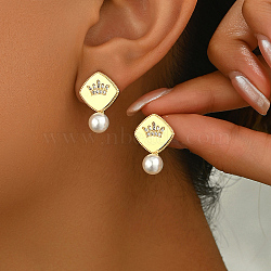 Elegant Brass Imitation Pearl Stud Earrings Women's Daily Jewelry, Golden, Crown, 20x15mm(DV0468-6)