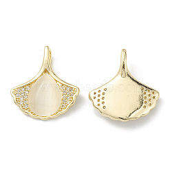 Rack Plating Brass Pave Cubic Zirconia with Cat Eye Pendants, Cadmium Free & Lead Free, Long-Lasting Plated, Ginkgo Leaf with Teardrop Pattern Charm, Real 14K Gold Plated, 18x17x5mm, Hole: 2x4mm(KK-G464-14LG)