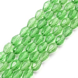 Glass Beads Strands, Faceted, teardrop, Green, 6x4mm, Hole: 1mm, about 65~68pcs/strand, 14.96~15.35 inch(X-GLAA-R024-6x4mm-6)