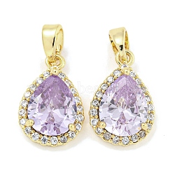 Brass with Cubic Zirconia Charms, Teardrop, Plum, Real 18K Gold Plated, 14.5x9.5x4.5mm, Hole: 5x3mm(KK-Q820-10G)