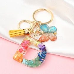 Resin Keychain, with Faux Suede Tassel Pendant & Alloy Clasps & Iron Rings, Letter D, 10cm(KEYC-YW00120-04)