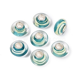 Handmade Lampwork & Brass Core European Beads, Large Hole Beads, Striped Rondelle, Silver, Light Sea Green, 13~15x7.5~8.5mm, Hole: 4~4.5mm(LAMP-N044-11S-01)
