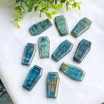 Natural Labradorite Carved Healing Coffin with Cross Figurines, Reiki Energy Stone Display Decorations, 50x25mm