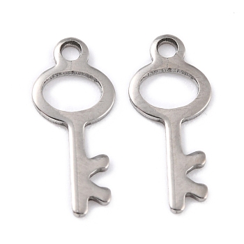 201 Stainless Steel Pendants, Key, Stainless Steel Color, 15x6.5x0.8mm, Hole: 1.4mm
