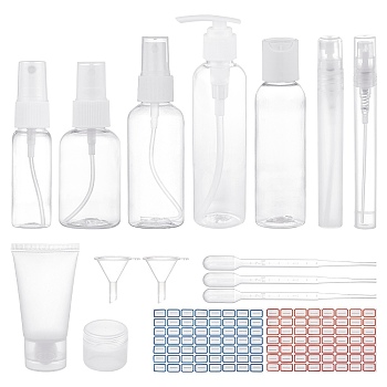 DIY Cosmetics Storage Containers Kits, with Plastic Spray Bottle & Cosmetics Cream Jar & Funnel Hopper & Dropper & Refillable Bottles and Label Paster, Clear, 275x170mm