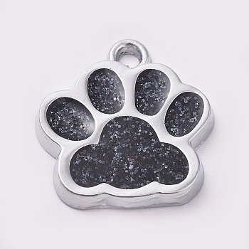 Alloy Enamel Charms, with Glitter Powder, Dog Paw Prints, Platinum, Black, 17.7x16.6x2mm, Hole: 2mm