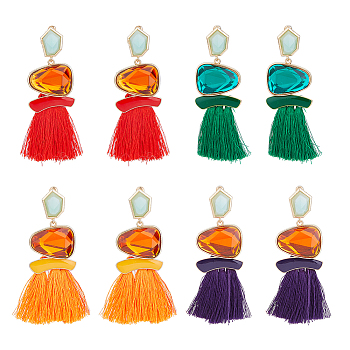 4 Pairs 4 Colors Polyester Tassel Earrings, Glass Polygon Dangle Stud Earrings with Enamel, Mixed Color, 82~83.5x28.5~29mm, 1 Pair/color