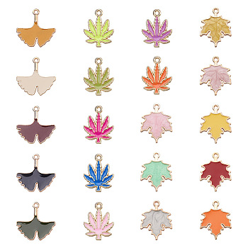 42Pcs 21 Colors Zinc Alloy Enamel Pendants, Light Gold, Leaf, Mixed Color, 18~24x14~22.5x1.5~2mm, Hole: 1.5~1.6mm, 2pcs/color