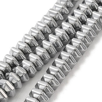 Electroplated Non-Magnetic Synthetic Hematite Beads Strands, Hexagon, Platinum Plated, 3.5~4x7.5~8x6.5~7mm, Hole: 1.5mm, about 106pcs/strand, 15.83''(40.2cm)