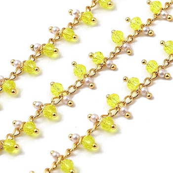 Handmade Brass Link Chain, with Glass Beads and ABS Beads, Soldered, with Spool, Real 18K Gold Plated, Yellow, 3x2x0.2mm and 7x3mm, about 16.40 Feet(5m)/Roll