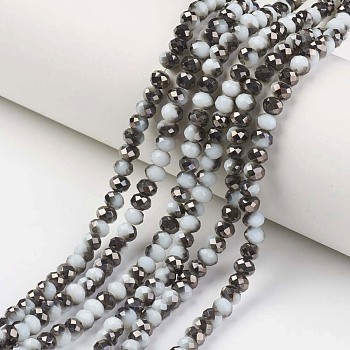 Electroplate Opaque Glass Beads Strands, Half Black Plated, Faceted, Rondelle, White, 6x5mm, Hole: 1mm, about 85~88pcs/strand, 16.1~16.5 inch(41~42cm)