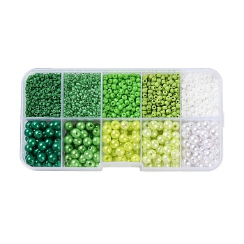 DIY 10 Grids ABS Plastic & Glass Seed Beads Jewelry Making Finding Beads Kits, Round & Rondelle, Green, 2~6x1.5~5.5mm, Hole: 0.8~1.6mm