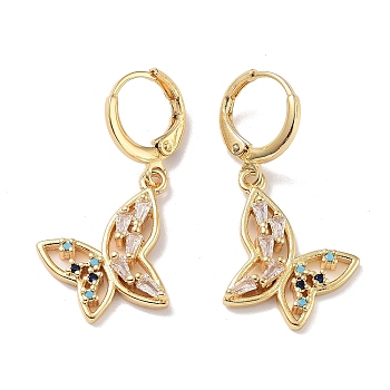 Real 18K Gold Plated Brass Dangle Leverback Earrings, with Cubic Zirconia, Butterfly, Colorful, 35x17.5mm
