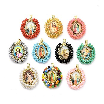 Rack Plating Brass Charms, Lead Free & Cadmium Free, Long-Lasting Plated, Oval with Virgen Mary Charms, Mixed Color, 31x25.5x6mm, Hole: 6x3.5mm