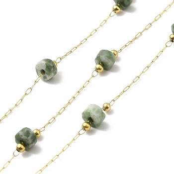 Ion Plating(IP) 316 Surgical Stainless Steel Paperclip Chains, with Natural Green Spot Jasper Column Beads, Soldered, Real 18K Gold Plated, with Spool, Link: 2.5x1x0.3mm