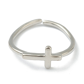 Brass Cuff Rings, Open Rings, Long-Lasting Plated, Cross, Platinum, US Size 6(16.5mm)