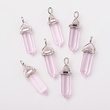 Bullet Glass Pointed Pendants, with Alloy Findings, Platinum, Pink, 40x12mm, Hole: 3x4mm
